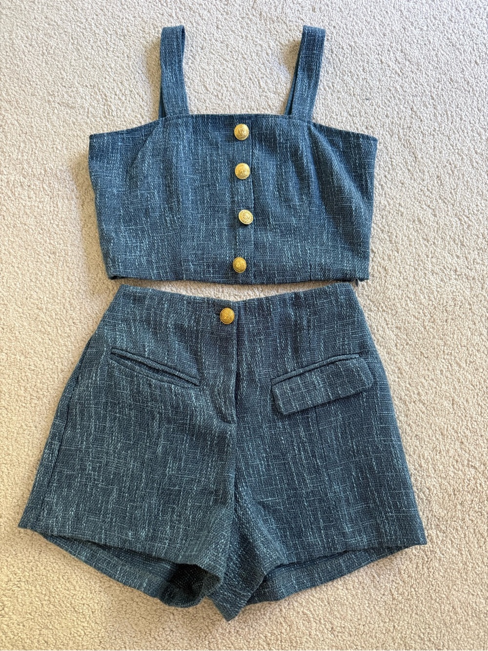 bishop + young Blue Tweed-Look High-Waist Shorts Set with Gold Buttons
